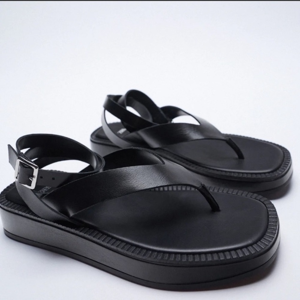 Zara New Black Leather Platform Minimalist Squared Toe Flat Sandals Shoes Size 9
